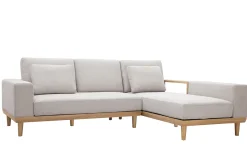 Canapé d'angle droit 5 places avec rangements en tissu effet velours texturé beige et bois clair KOMAO