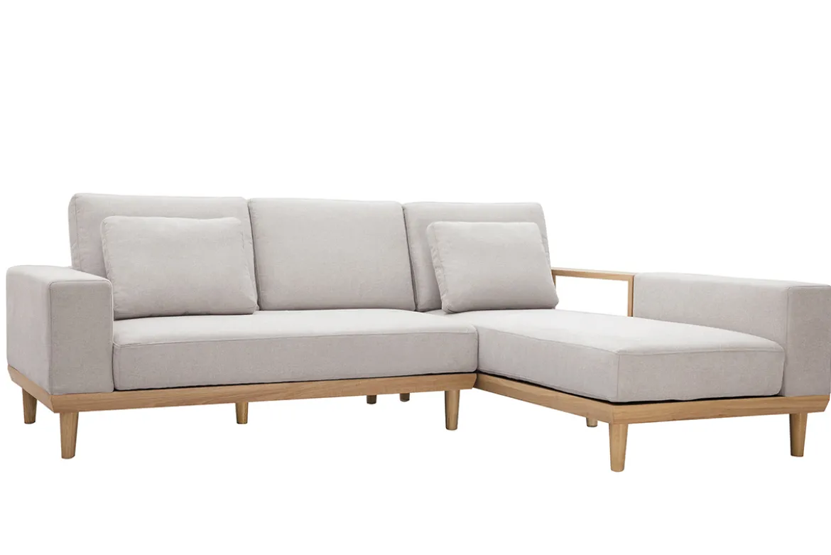 Canapé d'angle droit 5 places avec rangements en tissu effet velours texturé beige et bois clair KOMAO