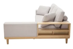 Canapé d'angle droit 5 places avec rangements en tissu effet velours texturé beige et bois clair KOMAO