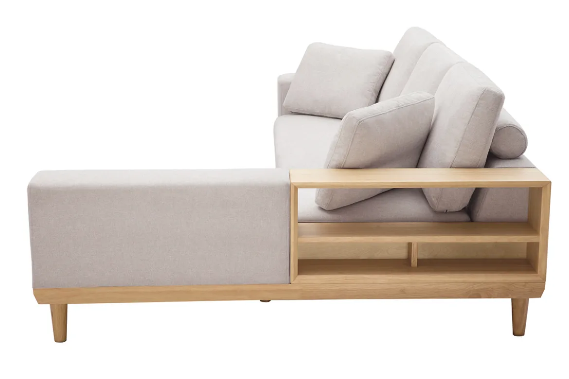 Canapé d'angle droit 5 places avec rangements en tissu effet velours texturé beige et bois clair KOMAO