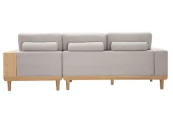 Canapé d'angle droit 5 places avec rangements en tissu effet velours texturé beige et bois clair KOMAO