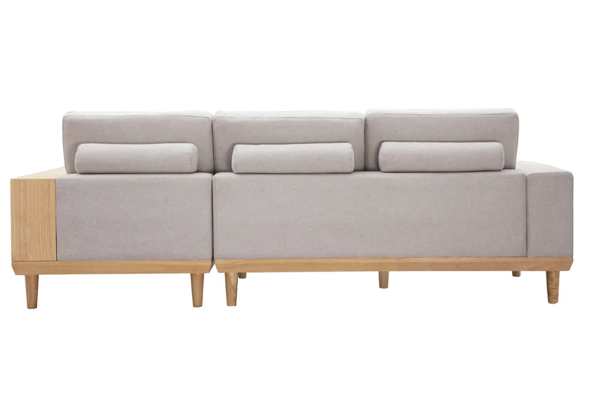 Canapé d'angle droit 5 places avec rangements en tissu effet velours texturé beige et bois clair KOMAO