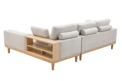 Canapé d'angle droit 5 places avec rangements en tissu effet velours texturé beige et bois clair KOMAO