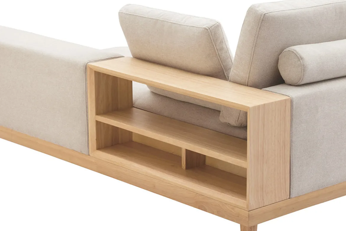 Canapé d'angle droit 5 places avec rangements en tissu effet velours texturé beige et bois clair KOMAO