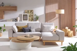 Canapé d'angle droit 5 places avec rangements en tissu effet velours texturé beige et bois clair KOMAO