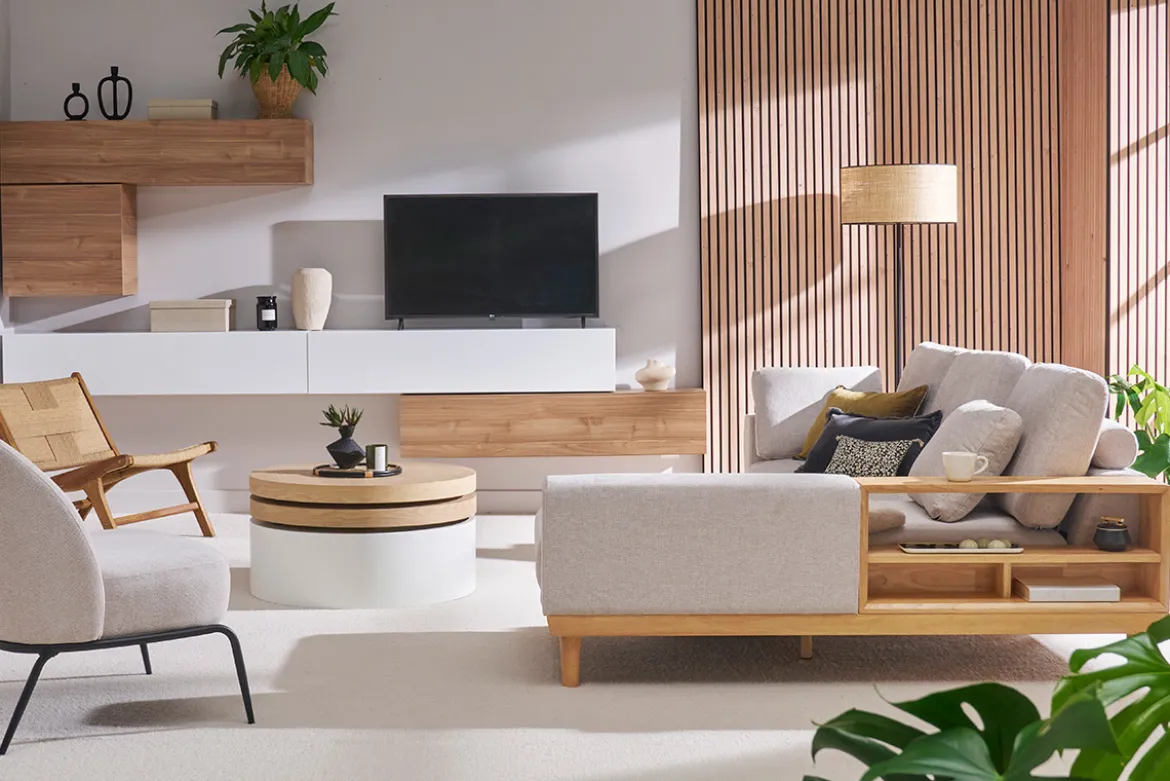 Canapé d'angle droit 5 places avec rangements en tissu effet velours texturé beige et bois clair KOMAO