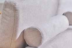 Canapé d'angle droit 5 places avec rangements en tissu effet velours texturé beige et bois clair KOMAO