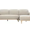 Canapé d'angle droit 3 places avec têtières ajustables en tissu effet velours texturé beige et bois clair HORACIO