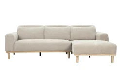 Canapé d'angle droit 3 places avec têtières ajustables en tissu effet velours texturé beige et bois clair HORACIO