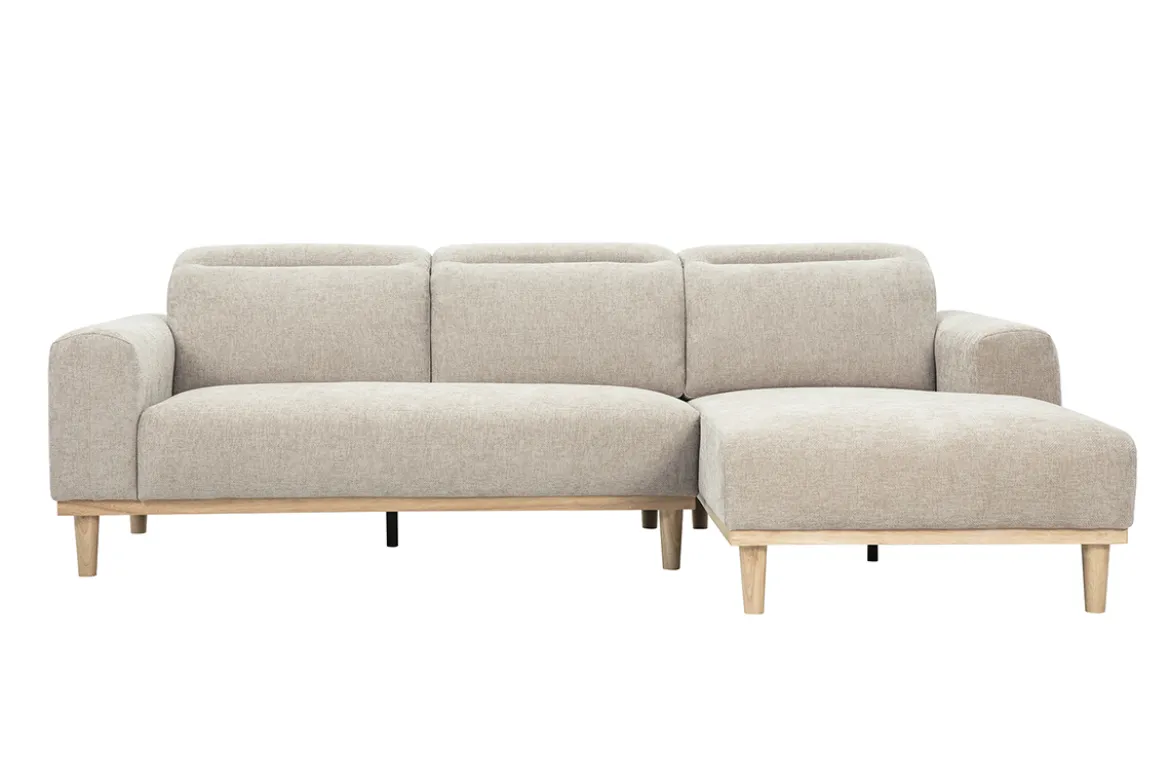 Canapé d'angle droit 3 places avec têtières ajustables en tissu effet velours texturé beige et bois clair HORACIO