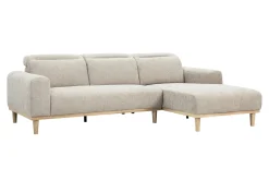 Canapé d'angle droit 3 places avec têtières ajustables en tissu effet velours texturé beige et bois clair HORACIO