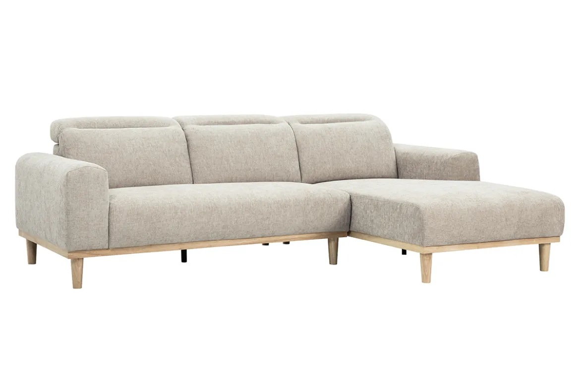 Canapé d'angle droit 3 places avec têtières ajustables en tissu effet velours texturé beige et bois clair HORACIO