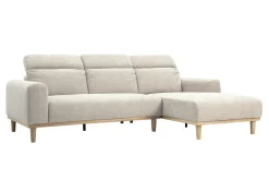 Canapé d'angle droit 3 places avec têtières ajustables en tissu effet velours texturé beige et bois clair HORACIO