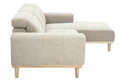 Canapé d'angle droit 3 places avec têtières ajustables en tissu effet velours texturé beige et bois clair HORACIO