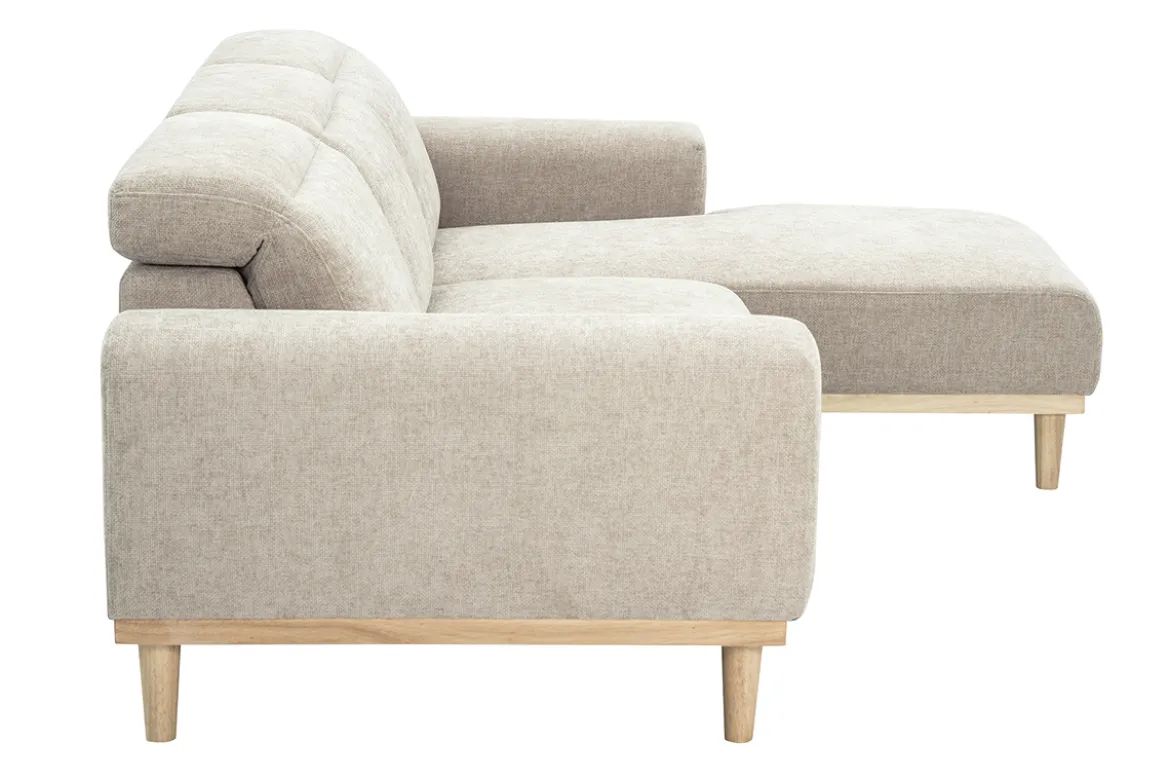 Canapé d'angle droit 3 places avec têtières ajustables en tissu effet velours texturé beige et bois clair HORACIO