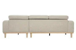 Canapé d'angle droit 3 places avec têtières ajustables en tissu effet velours texturé beige et bois clair HORACIO