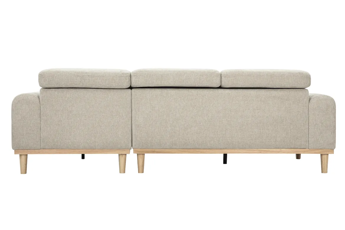 Canapé d'angle droit 3 places avec têtières ajustables en tissu effet velours texturé beige et bois clair HORACIO