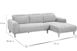 Canapé d'angle droit 3 places avec têtières ajustables en tissu effet velours texturé beige et bois clair HORACIO