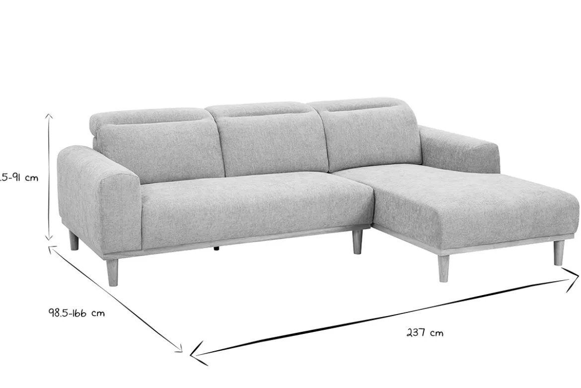 Canapé d'angle droit 3 places avec têtières ajustables en tissu effet velours texturé beige et bois clair HORACIO