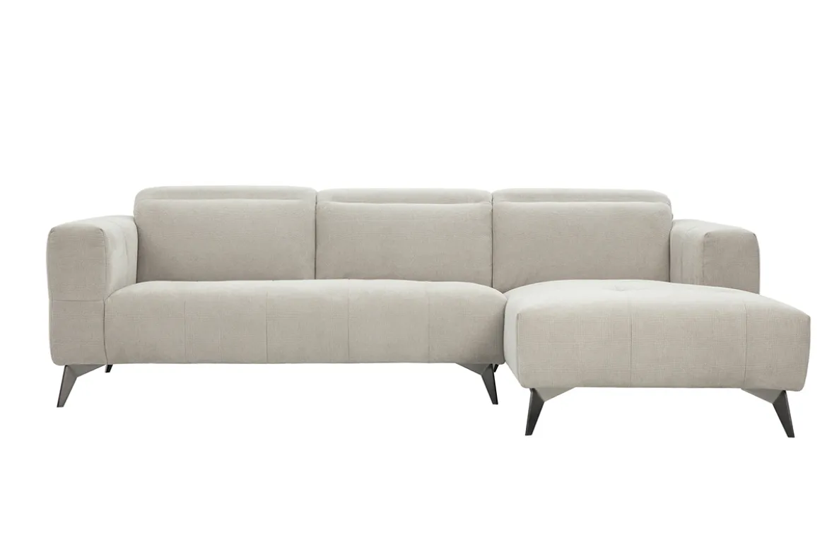 Canapé d'angle droit 3 places avec têtières ajustables en tissu chenille beige et métal NORELL