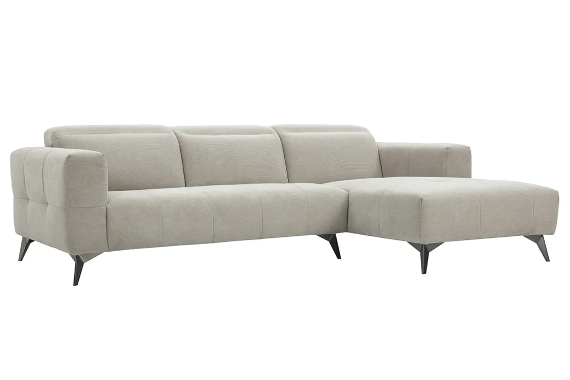 Canapé d'angle droit 3 places avec têtières ajustables en tissu chenille beige et métal NORELL