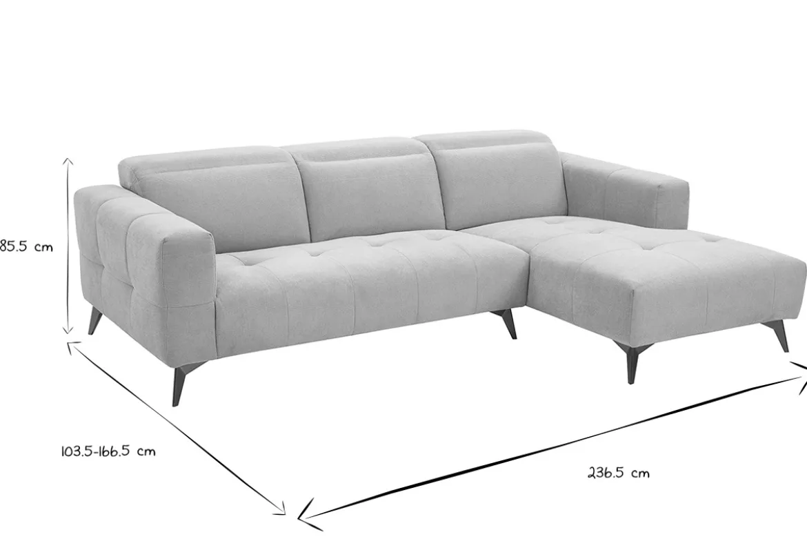 Canapé d'angle droit 3 places avec têtières ajustables en tissu chenille beige et métal NORELL