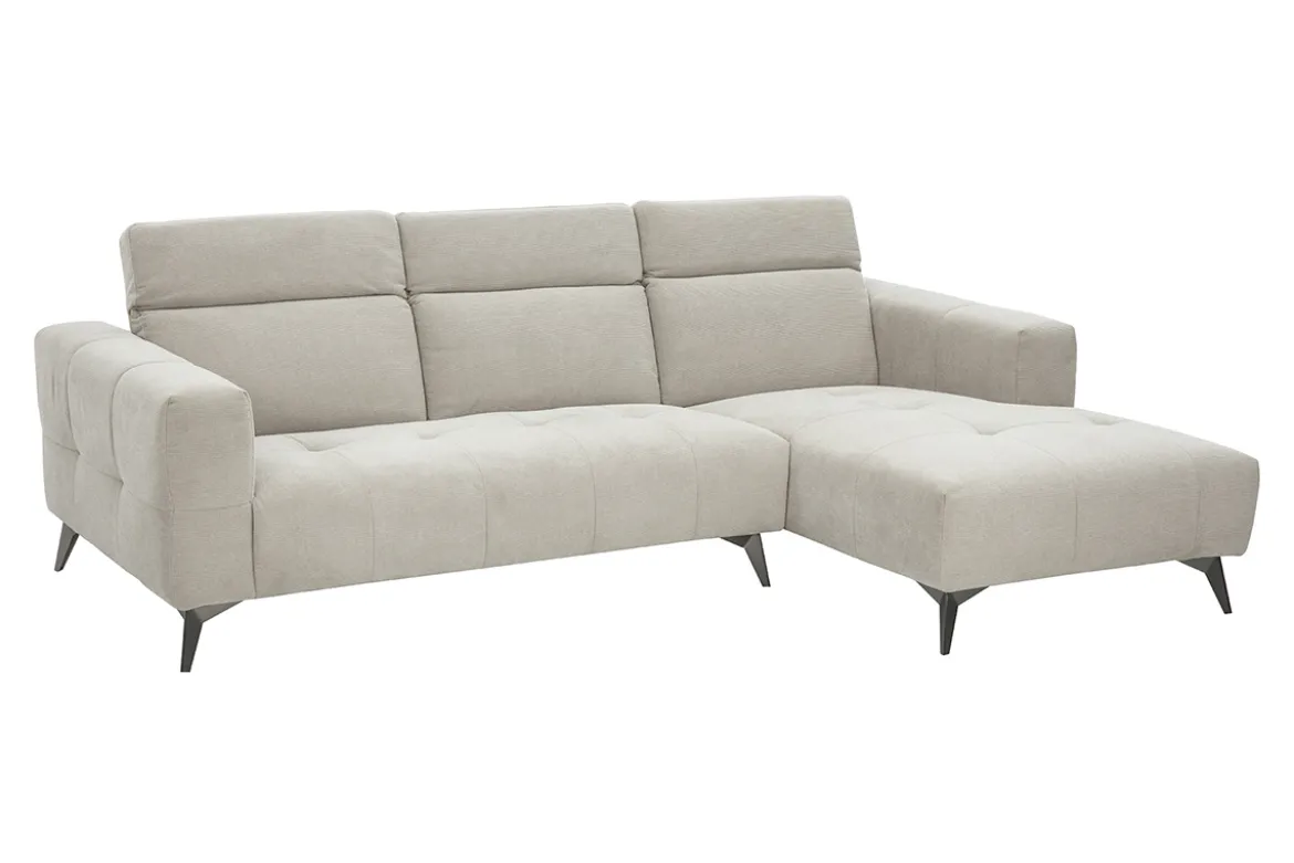 Canapé d'angle droit 3 places avec têtières ajustables en tissu chenille beige et métal NORELL