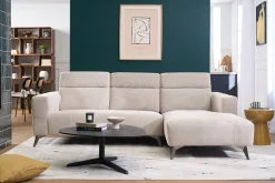 Canapé d'angle droit 3 places avec têtières ajustables en tissu chenille beige et métal NORELL