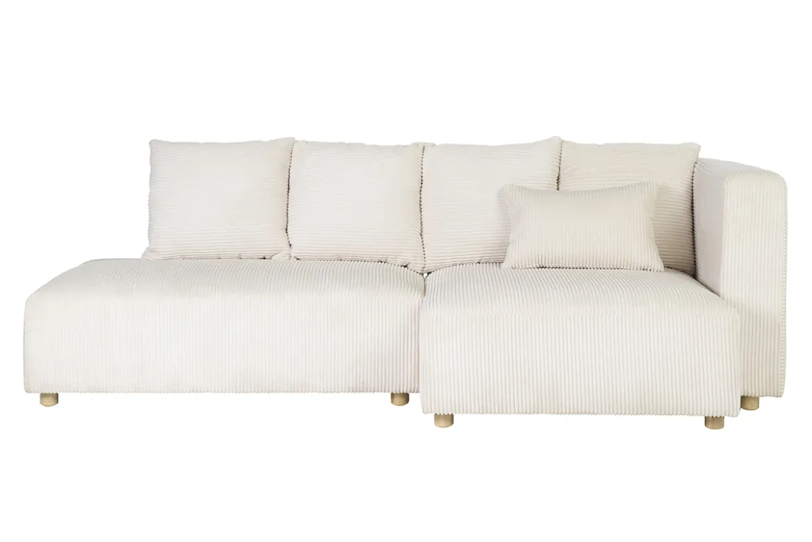 Canapé d'angle droit 3 places en tissu velours côtelé beige et bois clair HARLEM