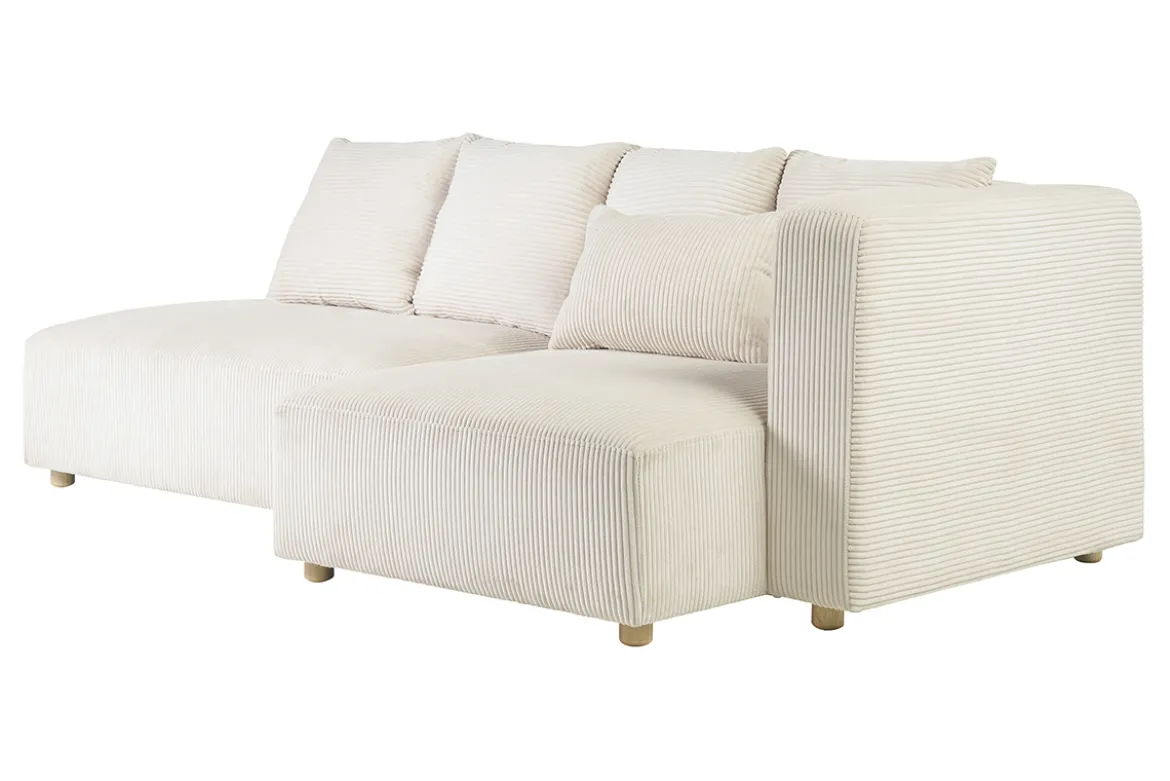Canapé d'angle droit 3 places en tissu velours côtelé beige et bois clair HARLEM