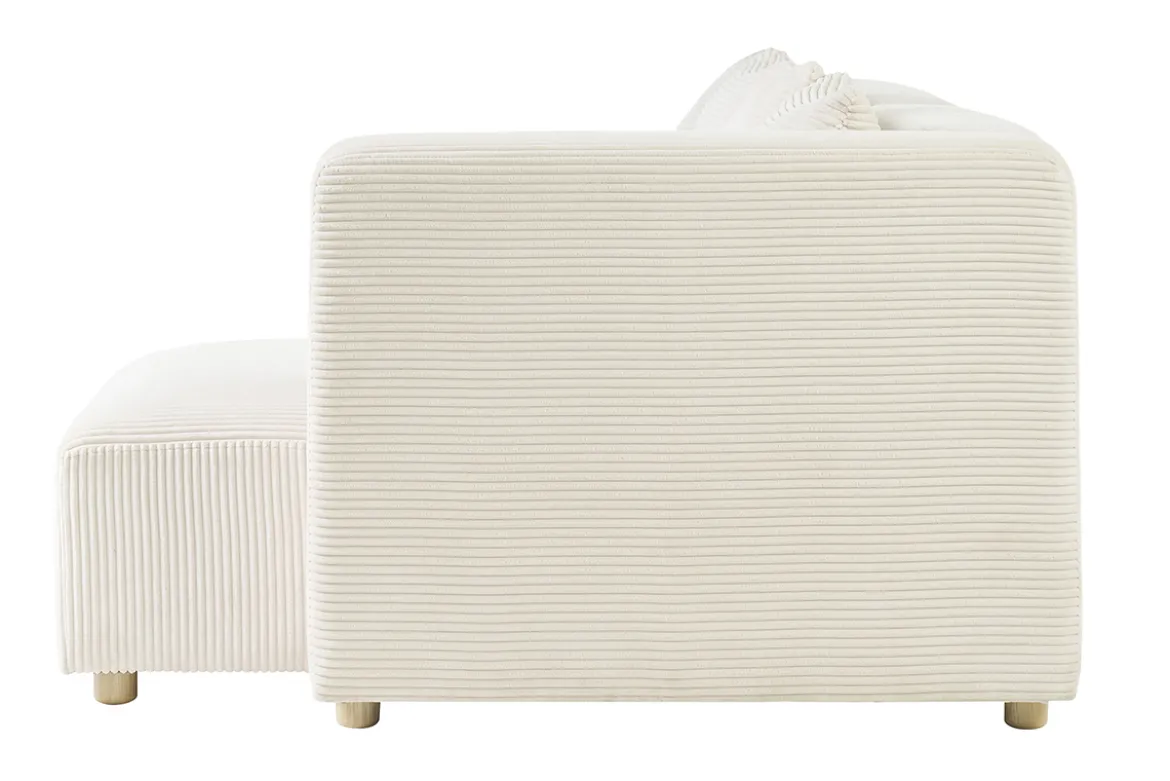 Canapé d'angle droit 3 places en tissu velours côtelé beige et bois clair HARLEM