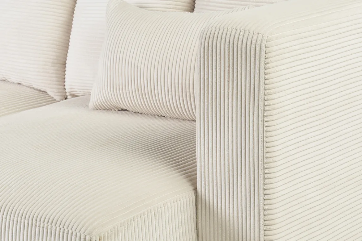 Canapé d'angle droit 3 places en tissu velours côtelé beige et bois clair HARLEM