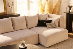 Canapé d'angle droit 3 places en tissu velours côtelé beige et bois clair HARLEM