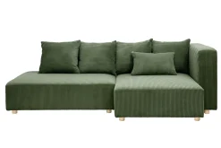Canapé d'angle droit 3 places en tissu velours côtelé vert kaki et bois clair HARLEM