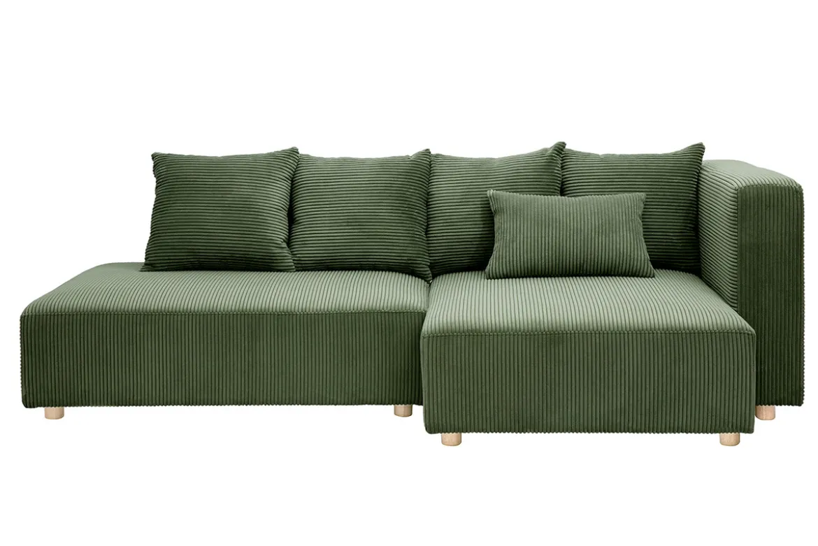 Canapé d'angle droit 3 places en tissu velours côtelé vert kaki et bois clair HARLEM