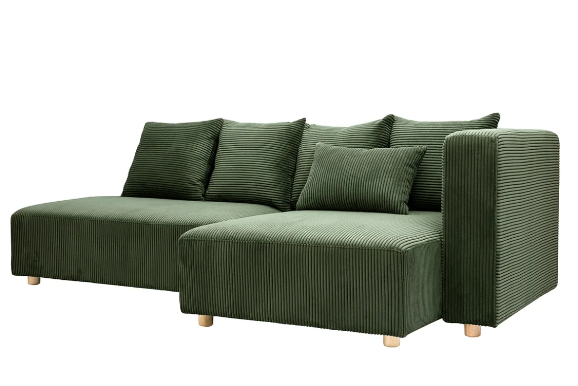 Canapé d'angle droit 3 places en tissu velours côtelé vert kaki et bois clair HARLEM