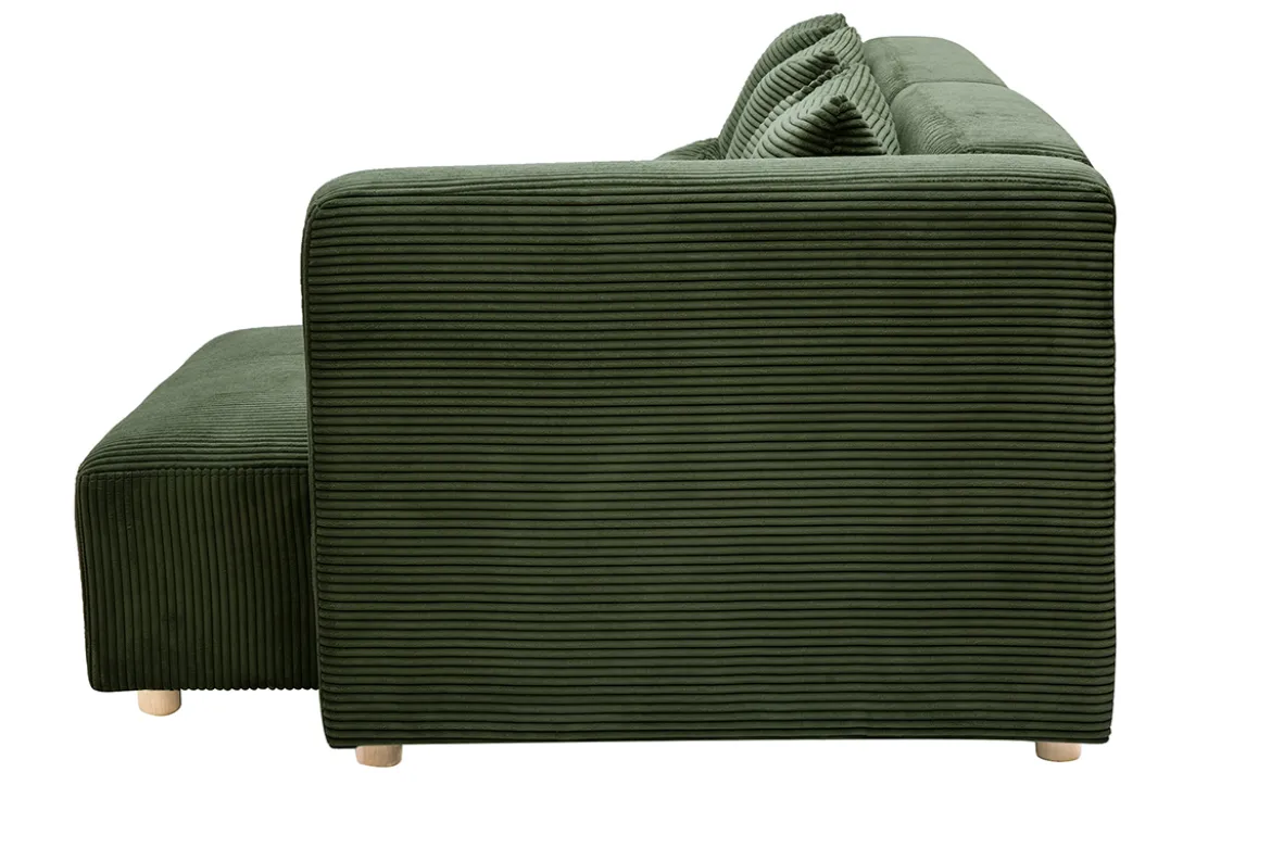 Canapé d'angle droit 3 places en tissu velours côtelé vert kaki et bois clair HARLEM