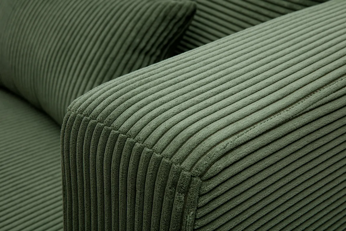 Canapé d'angle droit 3 places en tissu velours côtelé vert kaki et bois clair HARLEM