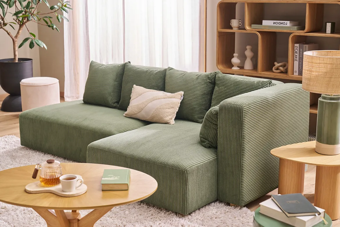 Canapé d'angle droit 3 places en tissu velours côtelé vert kaki et bois clair HARLEM