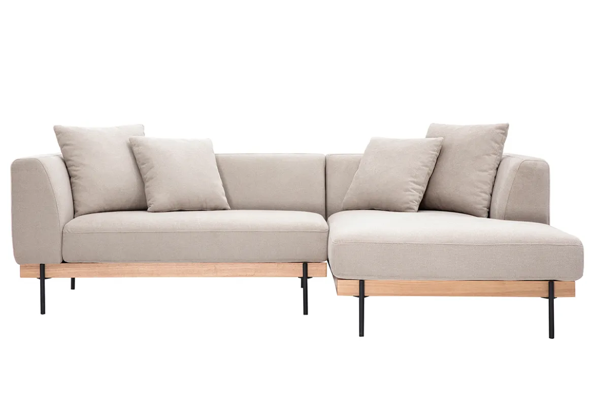 Canapé d'angle droit 4 places en tissu chenille beige et métal noir IVAR