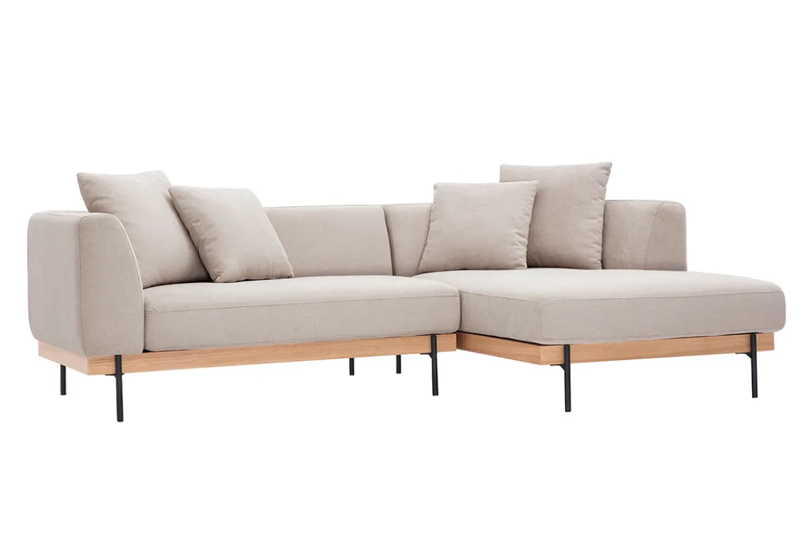 Canapé d'angle droit 4 places en tissu chenille beige et métal noir IVAR