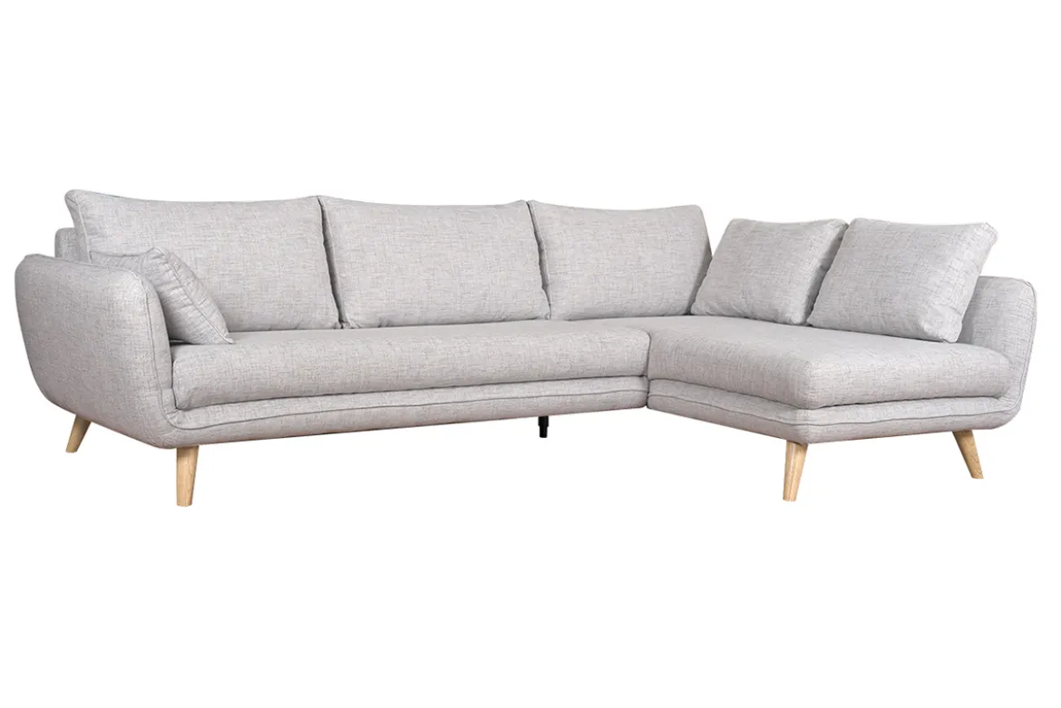 Canapé d'angle droit scandinave 5 places en tissu gris clair chiné et bois clair CREEP