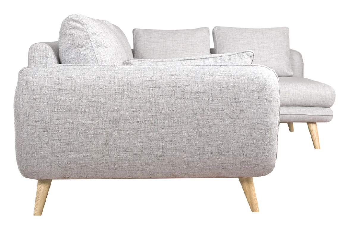 Canapé d'angle droit scandinave 5 places en tissu gris clair chiné et bois clair CREEP