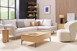 Canapé d'angle droit scandinave 5 places en tissu gris clair chiné et bois clair CREEP