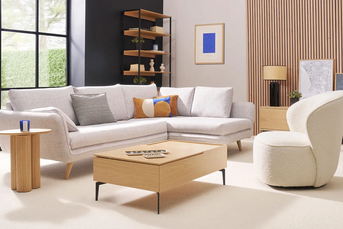 Canapé d'angle droit scandinave 5 places en tissu gris clair chiné et bois clair CREEP