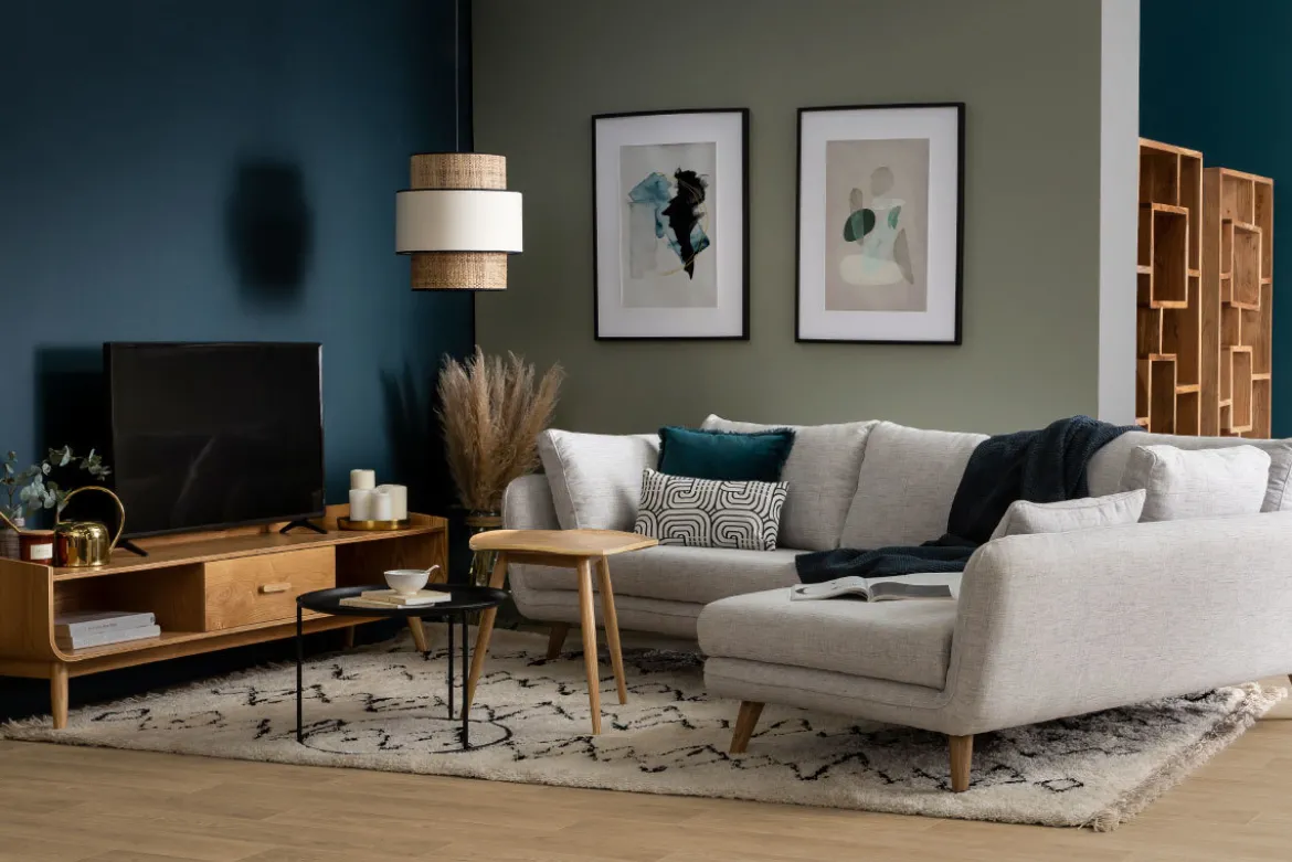 Canapé d'angle droit scandinave 5 places en tissu gris clair chiné et bois clair CREEP