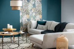 Canapé d'angle droit scandinave 5 places en tissu gris clair chiné et bois clair CREEP