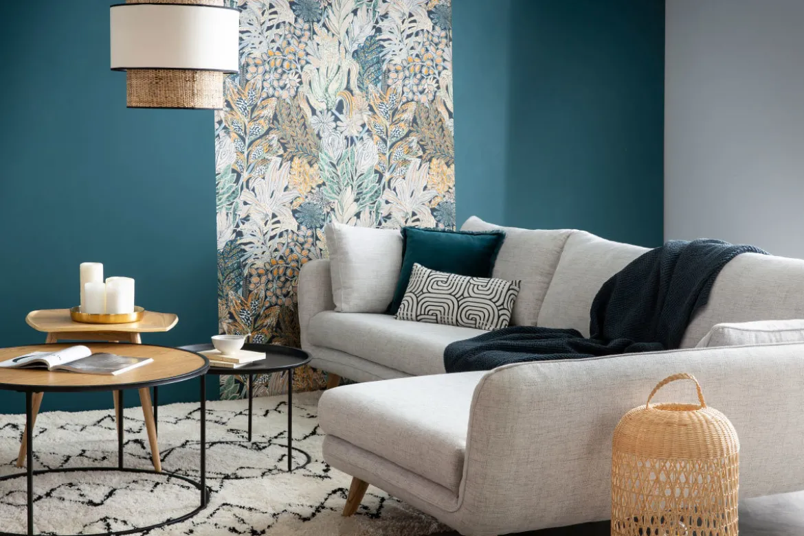 Canapé d'angle droit scandinave 5 places en tissu gris clair chiné et bois clair CREEP