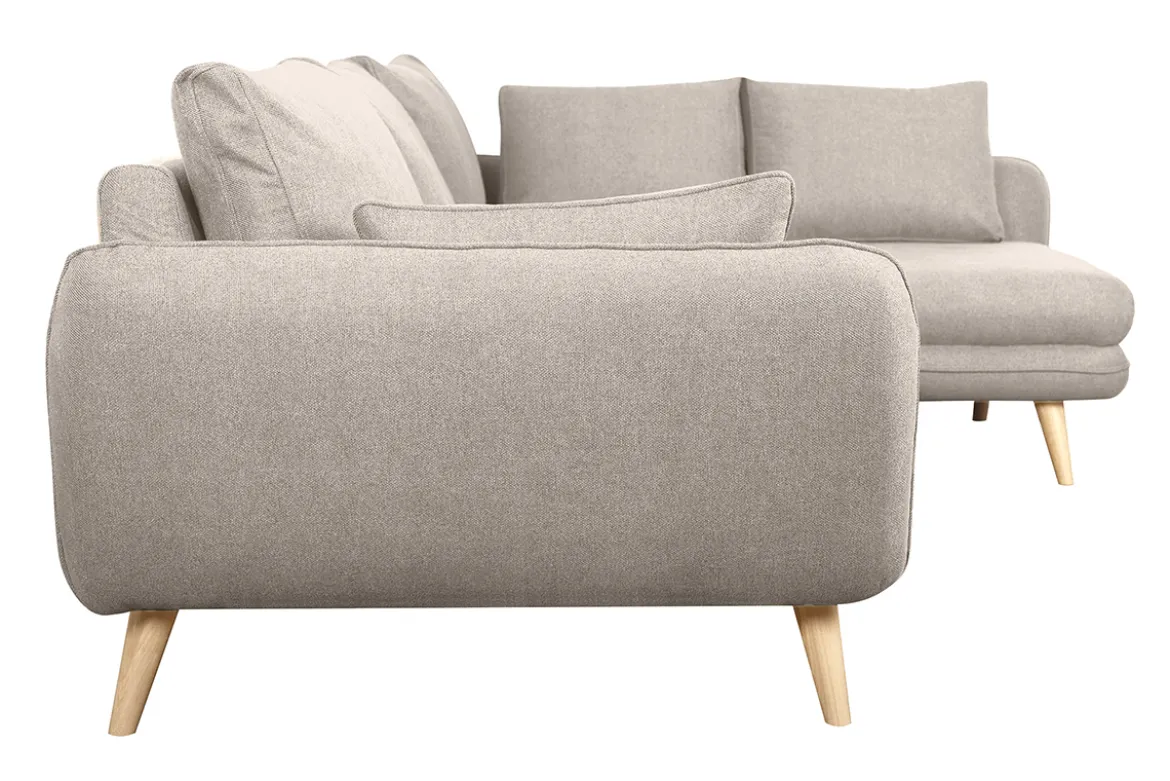 Canapé d'angle droit scandinave 5 places en tissu beige et bois clair CREEP