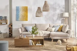 Canapé d'angle droit scandinave 5 places en tissu beige et bois clair CREEP
